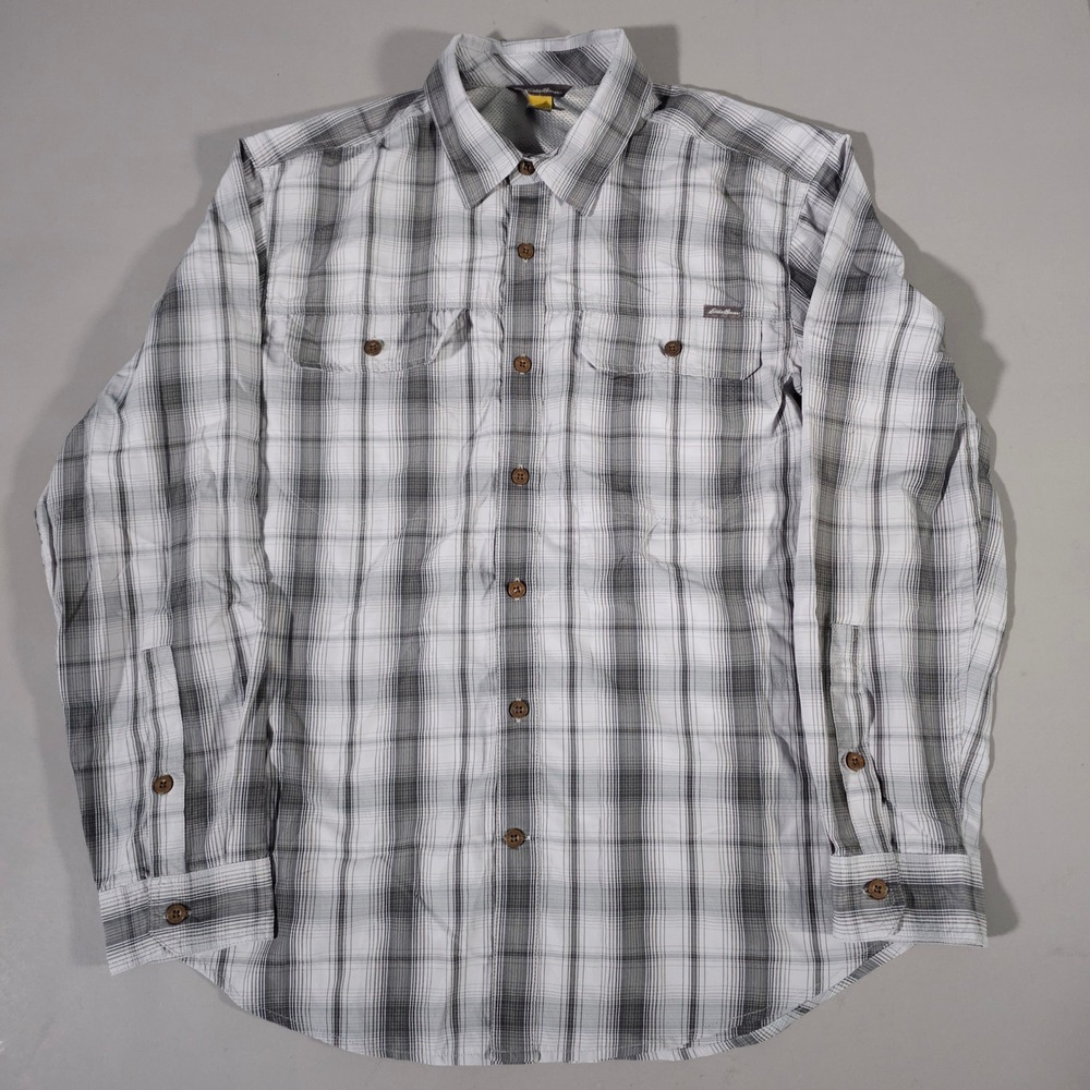 Eddie Bauer Travex Shirt Mens M Grey Plaid Cocona Performance Long Sleeve Hiking